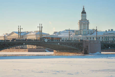 St. Petersburg, Cabinet of curiosities and Palace Bridge in winterの写真素材