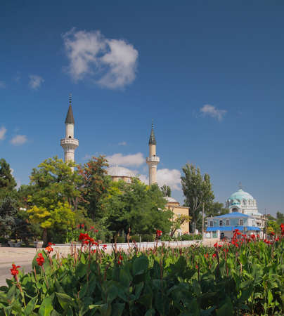 Crimea, Juma-Jami Mosque (Jami Khan) Devlet Giray Khan founded in 1552 and Cathedral of St. Nicholas founded in 1893 in Evpatoriaの写真素材