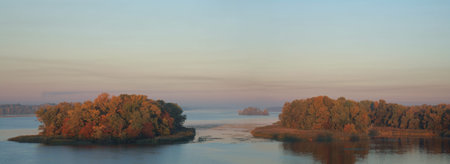 Panorama, islands at sunrise on the Dnieper River
