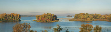 Panorama, islands on the Dnieper River, autumn landscape in the morning