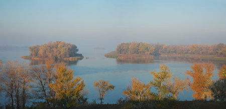 Panorama, islands on the Dnieper River, autumn landscape in the morning