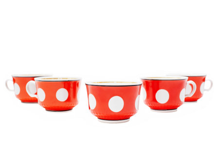 Red cups on a white background, a set of five pieces