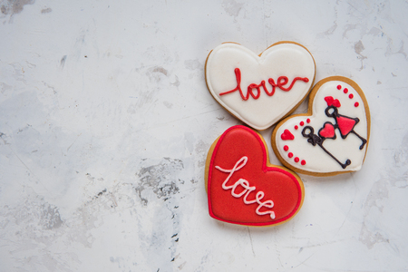 Cookies hearts with white and red icing Love for Valentine's Day.の写真素材