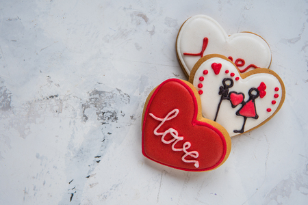 Cookies hearts with white and red icing Love for Valentine's Day.の写真素材