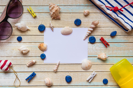 Sea and vacation theme still life top view.の写真素材