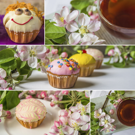 Collage of cupcake and tea with blossoming apple branchesの写真素材
