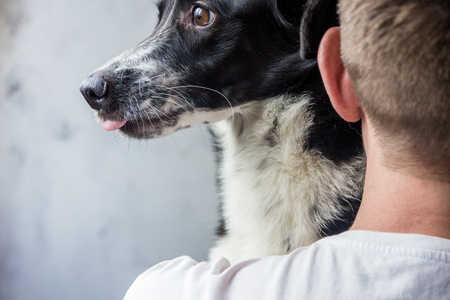 Dog looks out from behind the man's shoulder.の写真素材