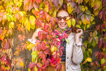 Old woman in autumn park with colored leaves.の写真素材