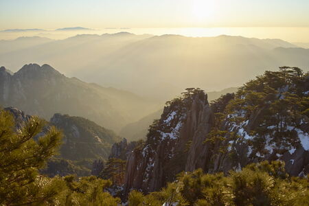 yellow mountain in china at sunriseの写真素材