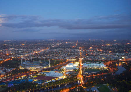aerial view of city in Melbourne at nightの写真素材