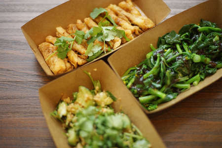 chinese food vegetables in paper boxes for takeoutの写真素材