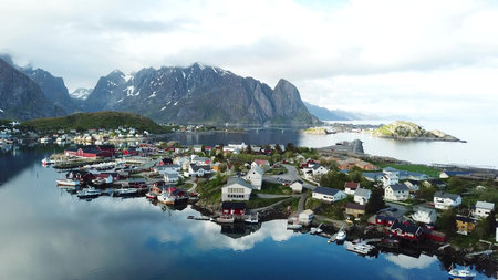 Lofoten Islands. Norway. Aerial footage of small fishing village. Popular tourist destination with...