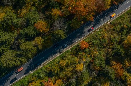 Vertical view at a autumn road with driving carsの写真素材