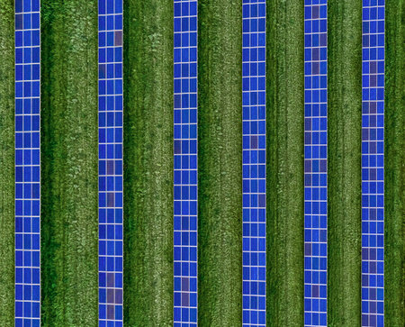 A plan view of solar panels set in an solar farm, alternative energy.