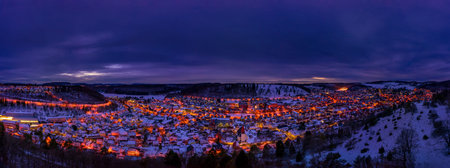 Winter cityscape of the town Albstadt in Baden Wuerttemberg, germany at the late evening hour with...