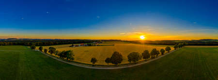 Aerial View of an avenue from above at sunset with the golden hour.の写真素材