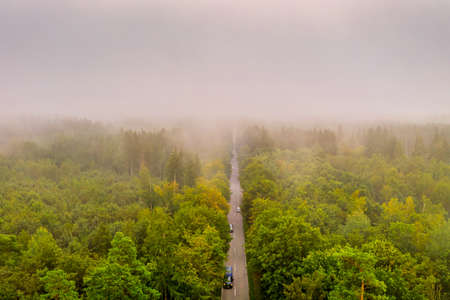 Aerial view at the car traffic on a road between a forest in foggy conditions, nice misty view from the birds eye.の写真素材
