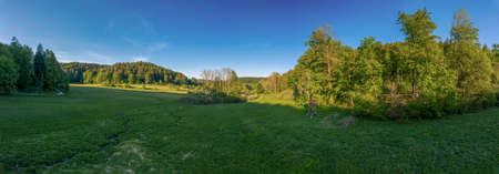 Idyllic view over a green meadow besides trees and a high stand under a blue summer sky.の写真素材