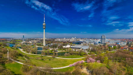 MUNICH, GERMANY - April 3th, 2019: The Olympiapark in panoramic full view - Munich, Germany, tourism hotspot of the bavarian capital at a beautiful day in spring.のeditorial素材