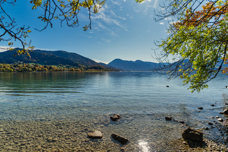 The bavarian lake Tegernsee, a tourism hotsport in the autumn season with the view at the alp...