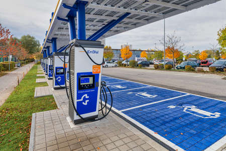 The modern EnBM e-mobilty charging station in the industrial park of Unterhaching, bavaria at the 25th of octobre 2021.のeditorial素材
