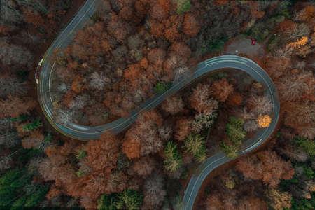 Eycatching drone view at a s-curve in the fall season with light trails of driving cars at the bending road.の写真素材