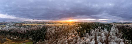 Frozen forest tree in the sunset light in aerial view.の写真素材