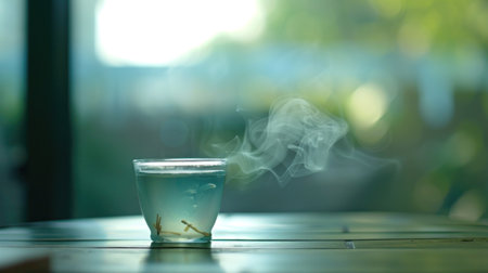 A transparent glass bowl filled with a light-colored beverage, possibly tea or herbal infusion, is presented on a light wooden surface. Steam rises from the drink, creating a soft, hazy atmosphere. The background features a softly blurred window with out-of-focus greenery and a light teal tint. The image captures a calm and tranquil scene of a warm beverage, highlighting a pleasant moment of relaxation and introspection.  The image style and composition suggest a potential use for advertisements or promotions of products like tea, herbal infusions, or other warm beverages aimed at conveying a sense of serenity or relaxation. The soft lighting and gentle steam contribute to a soft, comfortable aesthetic.の素材