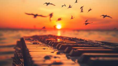 Sunset over water with birds flying above a piano keyboard.  The warm orange and red colors of the sunset create a peaceful and evocative atmosphere. The piano keys are in sharp focus against the soft focus of the water and sky, creating a compelling visual juxtaposition. This image evokes a sense of tranquility, creativity, and the beauty of nature.  Perfect for use in articles about nature, music, or inspiration. A great option for websites or social media posts focused on promoting peace and tranquility.の素材