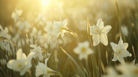 A field of delicate white daffodils bathed in the warm glow of sunrise or sunset. The soft, pastel colors create a serene and peaceful atmosphere. The shallow depth of field focuses attention on the blossoms in the foreground, while the background is a blur of more flowers and tall grass.  This image evokes feelings of spring, new beginnings, and natural beauty. It is ideal for projects related to springtime, nature, serenity, and the beauty of flowers.  The gentle light makes it suitable for cards, calendars, websites, and other design projects.の素材