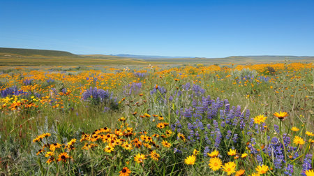 Vibrant wildflowers in a vast meadow under a clear blue sky. A sea of ...
