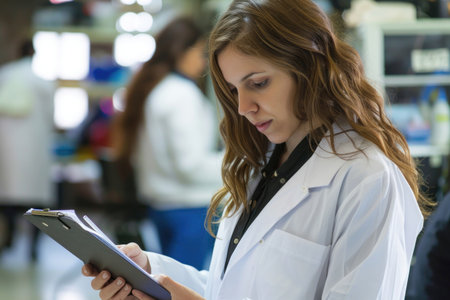 A focused female scientist in a lab setting, meticulously reviewing notes on a clipboard.  The image features soft lighting and a neutral color palette, emphasizing the subject's concentration. The scientist appears professional and dedicated, providing a thoughtful and diligent atmosphere within a modern research environment. The potential commercial uses include promoting scientific careers, educational materials, laboratory equipment, and general research themes.の素材
