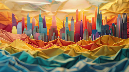 Colorful, stylized city model set amidst textured hills.  The cityscapes are rendered in vibrant shades, including reds, oranges, yellows, blues, and greens, and the hills are made from various colorful fabrics. The model is a detailed arrangement of city structures, creating a layered and textured visual effect. The composition emphasizes the visual contrast between the various colors and shapes.  The image's style is perfect for use in various commercial applications, such as advertising campaigns, website backgrounds, or graphic design projects related to urban development, architecture, or creativity.の素材