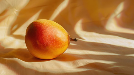 Single ripe mango resting on a soft, light beige fabric. The mango is a vibrant orange-yellow with hints of reddish hues, creating a pleasing visual contrast. The lighting is soft and warm, casting subtle shadows on the fabric, adding depth to the image. The composition highlights the fruit, emphasizing its shape and texture. The image would be ideal for use in food-related promotions, packaging, or advertising campaigns focusing on healthy eating habits and delicious tropical fruit.の素材