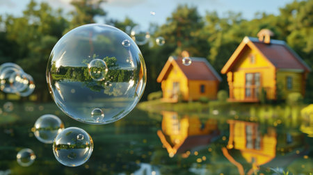 Colorful image of floating bubbles in front of small, yellow houses by a calm pond.  The bubbles are clear and shiny, reflecting the landscape and surrounding trees. The houses are a soft yellow, contrasted with a reddish brown roof and green foliage.  The light is soft and pleasant, ideal for a serene or playful scene. The image's focus is on the bubbles and the houses, creating a peaceful and inviting atmosphere. It could be used in advertisements for eco-tourism or natural themed products.の素材
