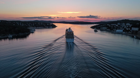 Cruise ship sailing through calm, tranquil water at sunset.  The image features a large cruise ship in the center of the frame, creating a smooth wake. The soft colors of the sunset, with pinks and oranges, provide a scenic backdrop to the tranquil water and coastline.  The composition of the image is centered, focusing on the ship and the peaceful scene, likely from an elevated vantage point.  It is suitable for various commercial uses, including travel brochures, advertising campaigns for cruise lines, and stock photography for travel-related websites and magazines.の素材