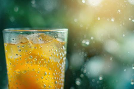 Close-up of a glass of iced, golden-colored beverage.  The drink is filled with ice cubes, creating a noticeable condensation pattern on the glass. The soft focus background suggests an outdoor setting, possibly a patio or garden, with raindrops on a window or surface. The image is well-lit, with a warm, golden-yellow hue highlighting the drink and ice cubes. The overall style is casual and inviting, showcasing a refreshing drink perfect for summer. The photo could be used for promotions of beverages, restaurants, or summer products, as well as for stock images on platforms.の素材