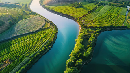 High angle view of a river winding through a landscape of cultivated fields and lush greenery.  The river's azure waters create a striking contrast against the vibrant green fields, exhibiting a serene and peaceful ambiance. Terraced farming patterns are visible on the riverbanks, adding depth and visual interest to the composition. The image's color palette is harmonious and balanced, with a focus on nature's beauty. This aerial photograph offers potential for commercial use in various contexts, including advertising and design projects focused on promoting natural landscapes, agriculture, and tourism.の素材