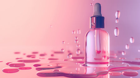 A delicate, elegant bottle of serum or essence is centrally positioned on a surface of vibrant, pink water droplets.  The soft, diffused light creates a dreamy aesthetic, with a gradient of pink and purple hues. The bottle is clear, with a subtle pink tint, and a dropper top, adding a touch of sophistication to the overall design. The image has a high-quality, professional look, showcasing the product in a visually appealing way, perfect for use in advertisements or online presentations. This is suitable for showcasing a variety of beauty products, ranging from serums, moisturizers, to oils.の素材
