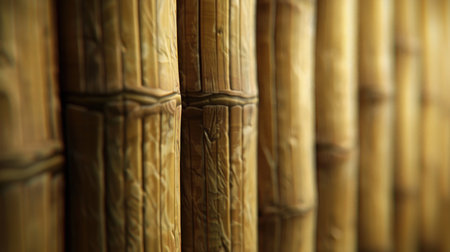 Close-up view of closely arranged bamboo stalks. The image showcases the natural texture and warm brown tones of the bamboo. The focus is on the intricate details and patterns within the individual stalks. The lighting suggests an indoor or shaded outdoor setting.  Suitable for use in commercial or editorial projects related to nature, design, sustainability, or decorative elements.の素材
