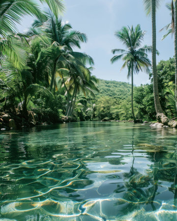 Tranquil tropical stream flowing through lush greenery. The image features crystal-clear, shallow water reflecting the surrounding vibrant foliage and sunlight, creating a serene and picturesque scene. Lush green palms and dense tropical foliage line the banks, showcasing a vivid array of emerald greens and light blues. The water's clarity creates a beautiful play of light and shadow, showcasing the textures of the water and the riverbed. Ideal for commercial use in nature tourism, environmental conservation, or relaxation-themed projects.の素材
