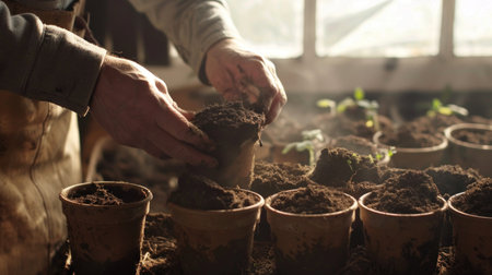 Hands are meticulously planting seedlings in small terracotta pots filled with dark brown soil. The scene is a close-up, showcasing the hands' focused action, the rich tones of the soil, and the natural light filtering through a window. This image evokes a sense of nurturing and care, suitable for illustrations of gardening or plant care,  and could be used in guides, catalogs, or advertisements for gardening products or services. A natural and cozy mood is created.の素材