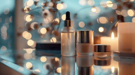 Elegant skincare bottles and jars sit on a reflective surface, bathed in warm, diffused light from bokeh-style holiday lights.  The bottles and jars are translucent, displaying light beige and clear liquids. The overall style is sophisticated and subtly festive, ideal for a spa or luxurious home setting. The visual appeal includes soft, warm tones and a minimalist design. This still life image is appropriate for showcasing high-quality skin care products in a range of commercial settings, from advertisements to packaging.の素材