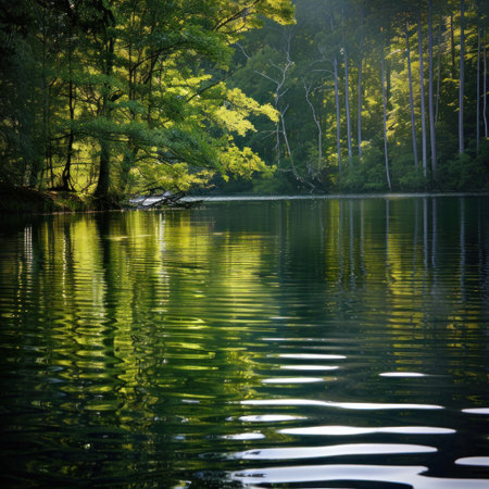 Serene lake scene showcasing lush green trees reflected in calm water.  The water has subtle ripples, creating an intricate pattern.  The interplay of sunlight on the leaves creates a golden reflection on the surface, while the surrounding trees display various shades of green. A tranquil atmosphere is evoked by the gentle water reflections and the dense forest.  This image is ideal for use in commercial projects related to nature, tranquility, and relaxation, or to promote products/services associated with a serene lifestyle.の素材