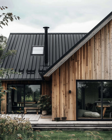 Modern house exterior with a dark gray metal roof and light brown wooden siding. The house has large windows and a covered deck or patio area, perfect for outdoor living. The composition focuses on the architectural details, with a neutral color palette and a minimalist style. Ideal for use in real estate, architecture, or interior design stock portfolios, showcasing modern residential design.の素材