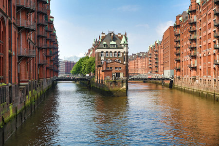 Hamburg, Germany. red houses surrounded by canals and bridges.の写真素材