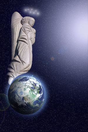 angel above earth in open cosmos among starsの写真素材
