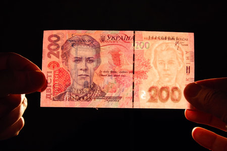 checking watermark 200 ukrainian hrivna isolated on blackの写真素材