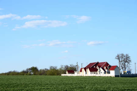 landscape with house green field and blue skyの写真素材