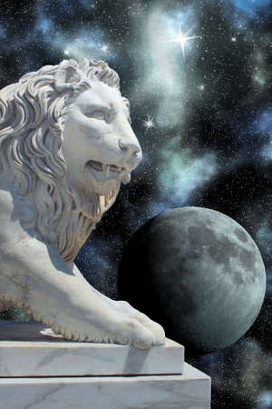 white lion statue and planet among stars in cosmosの写真素材